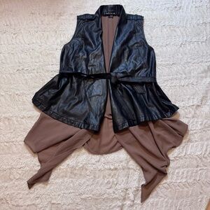 Double Zero Black Faux Leather & Chiffon draped hem Layered Vest Small | Edgy